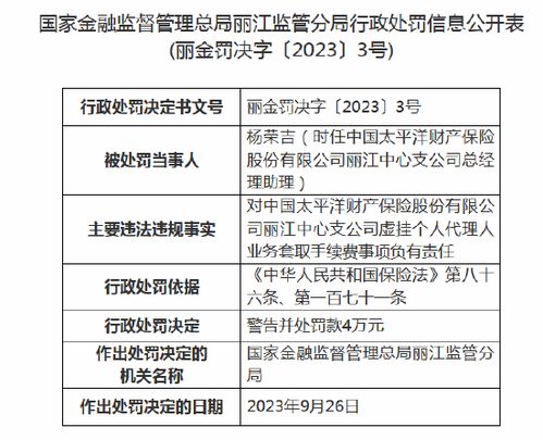 罰單警示 太平洋財(cái)險(xiǎn)麗江中心支公司因虛掛代理人、代辦貸款被重罰56萬(wàn)元